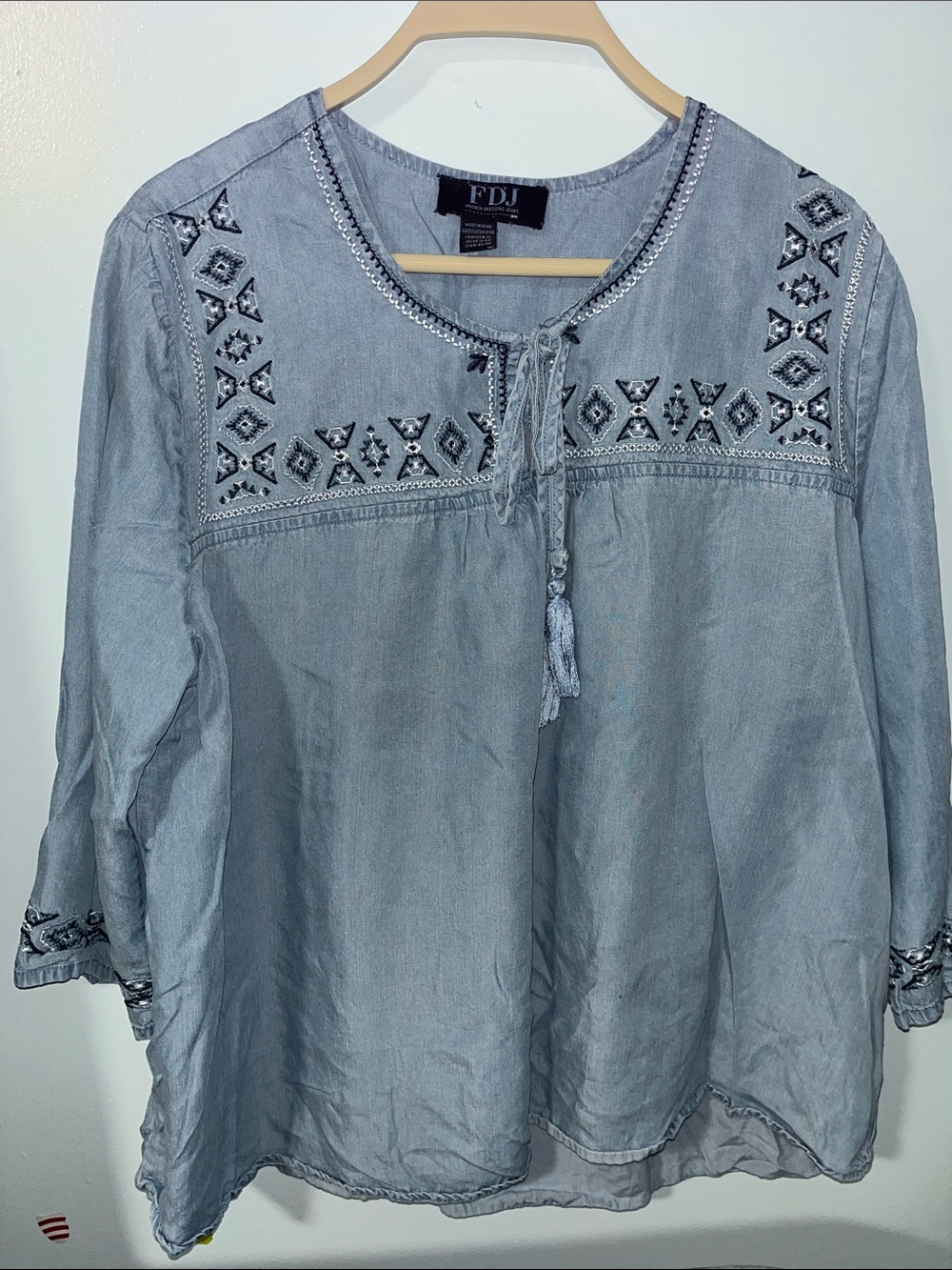 FDJ Light Blue Embroidered Tie-Neck Tunic Top